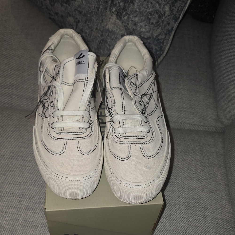 NEW Superga White Canvas Low-Top Sneakers with Black Stitching